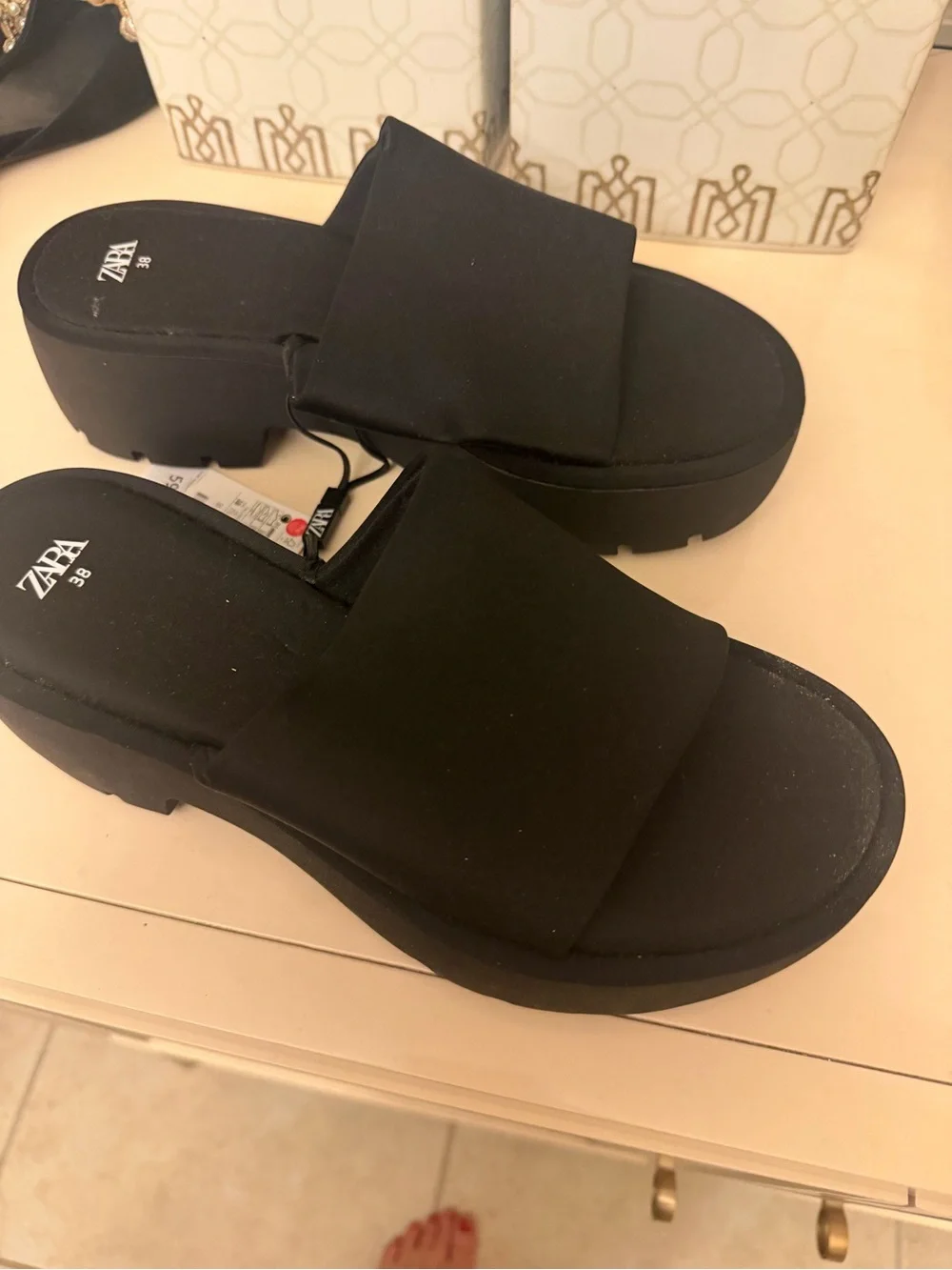ZARA Black Platform Slide Sandals with Wide Strap